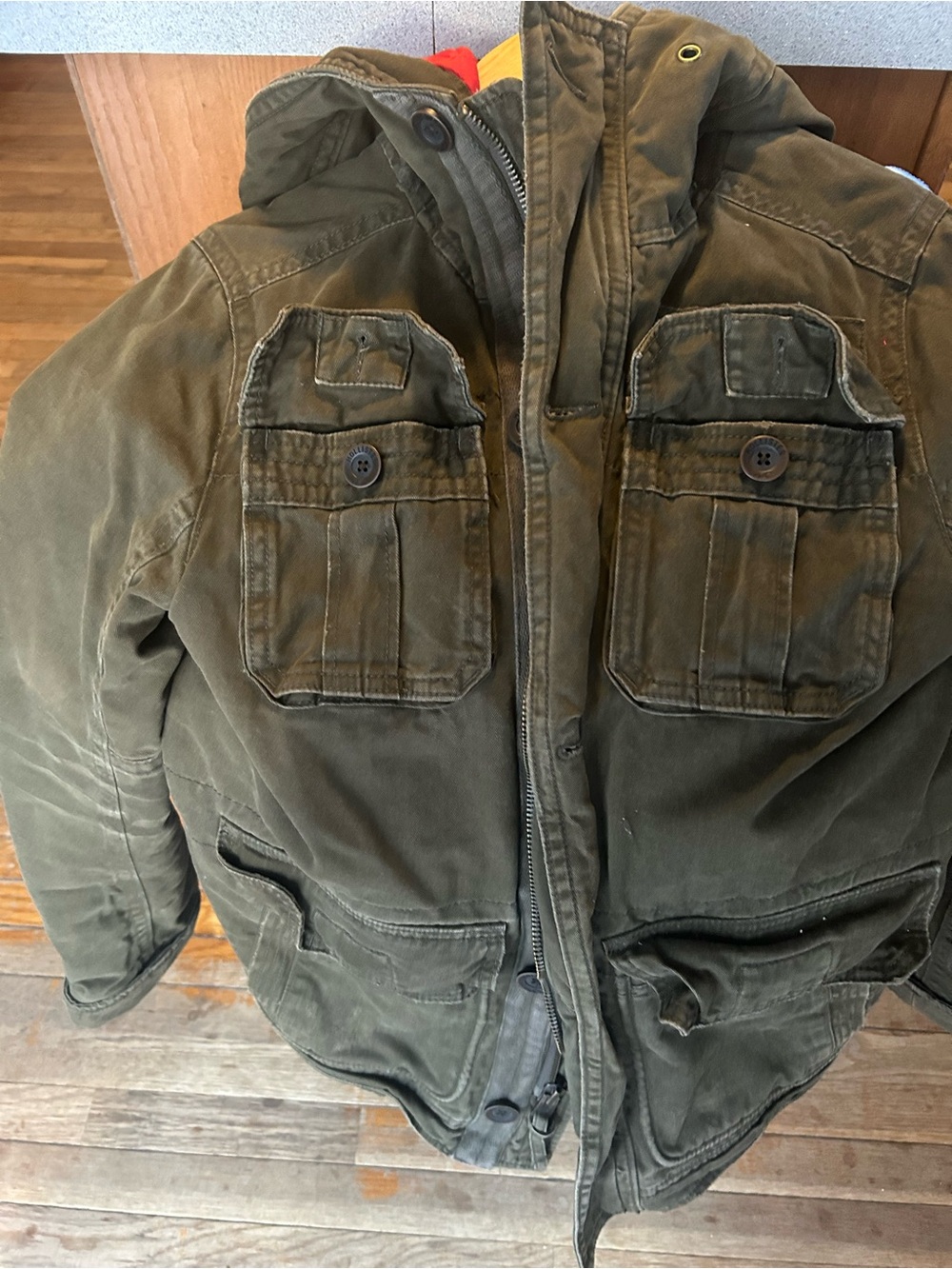 Hollister Olive Green Jacket with Red Quilted Lining